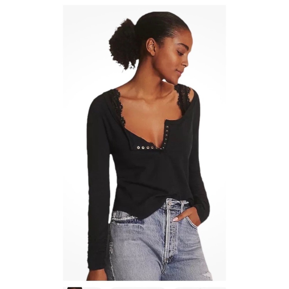 Pilcro Anthropologie Black sustainable Henley Ruched Cuff Scoop Neck Top Small